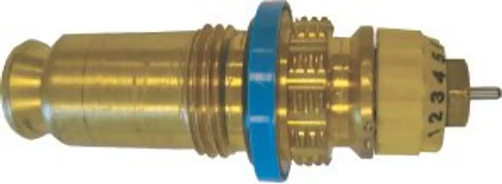 BOSCH Einbauventil in goldfarben mit blauer Einstellkrone. Das Ventil hat eine zylindrische Form und einen zentralen Einstellstift.
